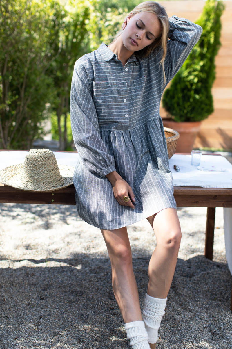 Selma Long Sleeve Dress - Black Stripe Hemp Organic