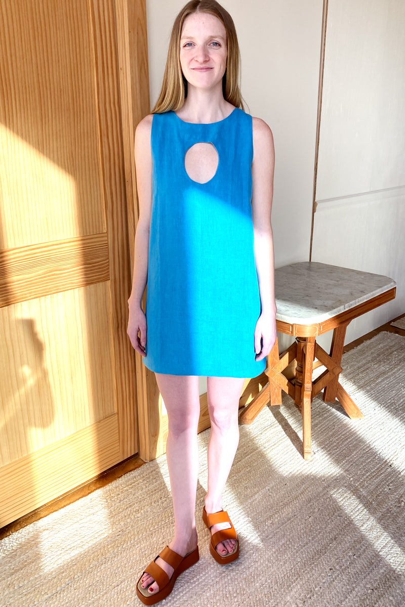 Marcelle Keyhole Dress - Blissful Blue Linen