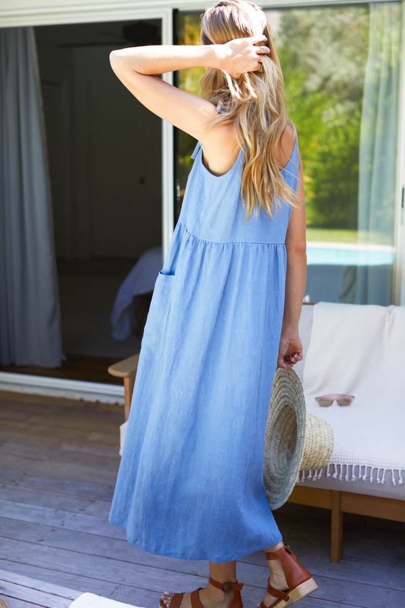 Livia Button Dress - French Blue Linen