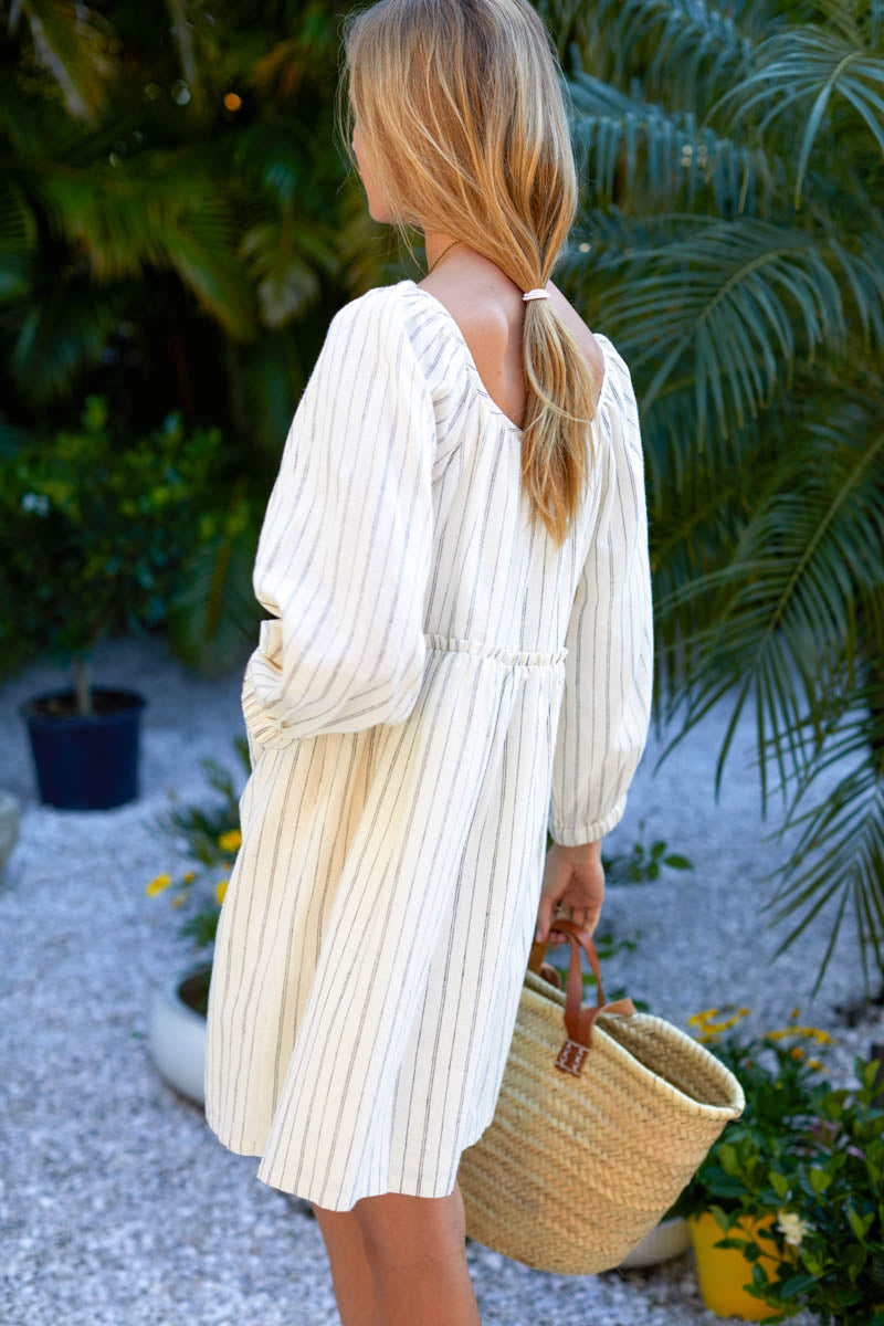 Jasmine Button Dress - Ivory Hemp Stripe Organic