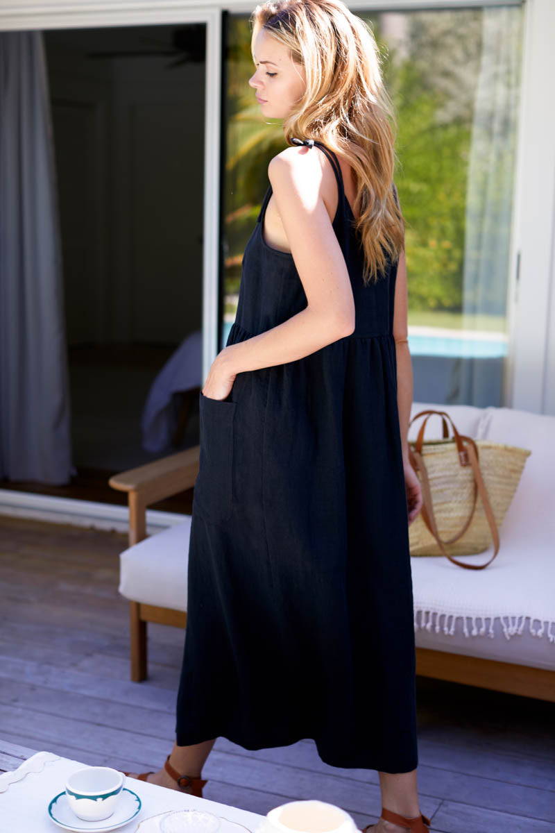 Livia Button Dress - Black Linen