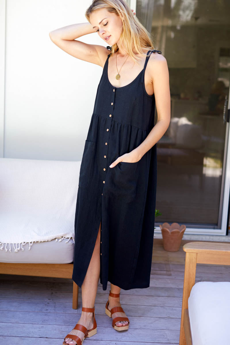 Livia Button Dress - Black Linen