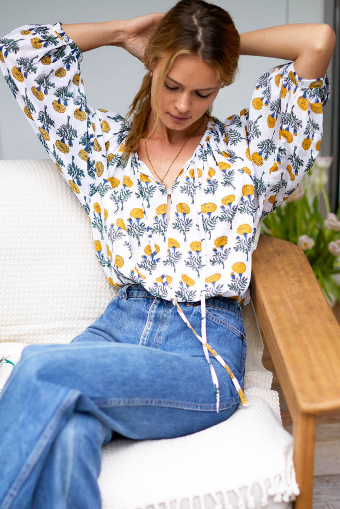 Lucy Blouse - Big Marigolds White Organic - Emerson Fry