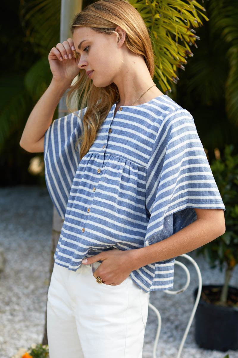 Marion Button Blouse - Blue + Ivory Sailor Stripe
