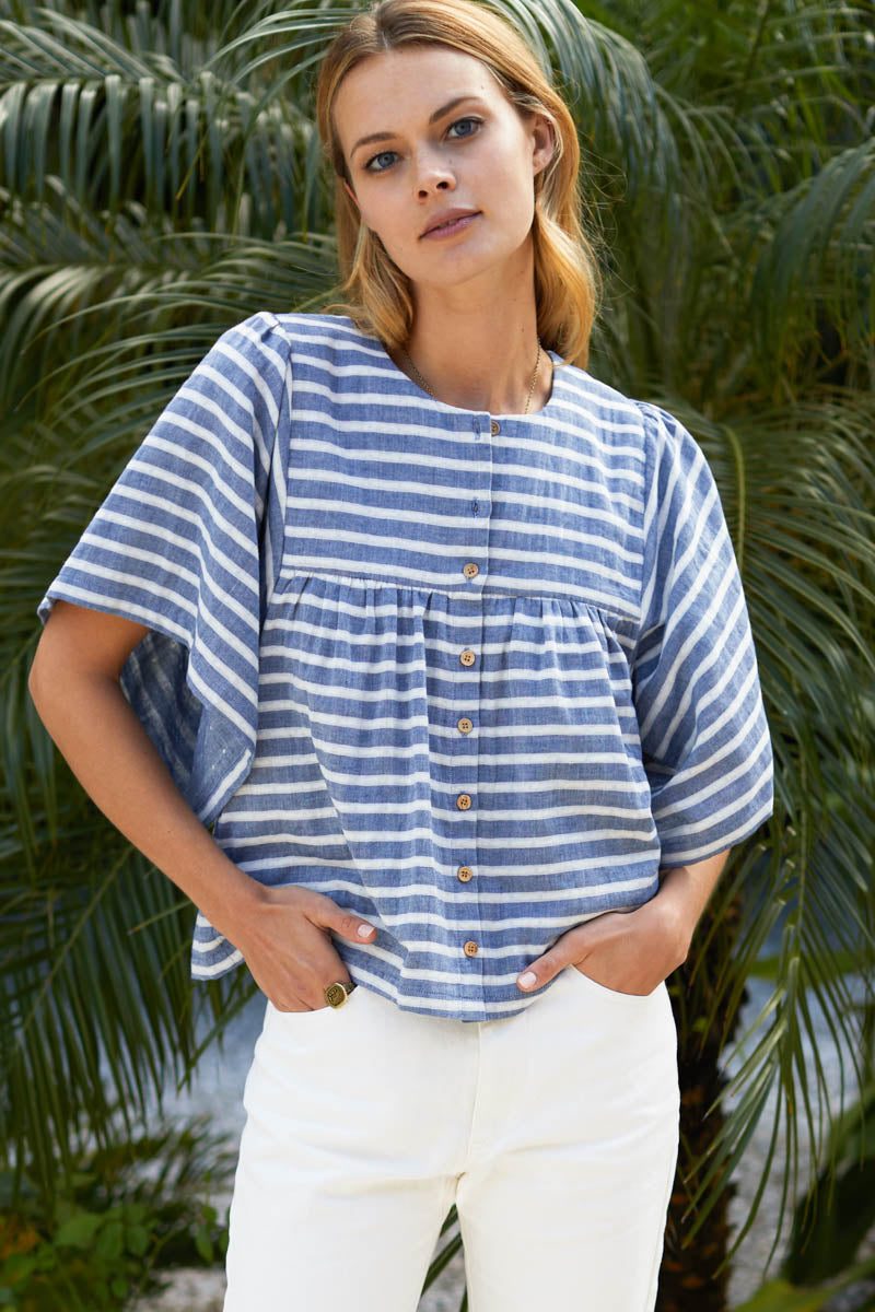 Marion Button Blouse - Blue + Ivory Sailor Stripe