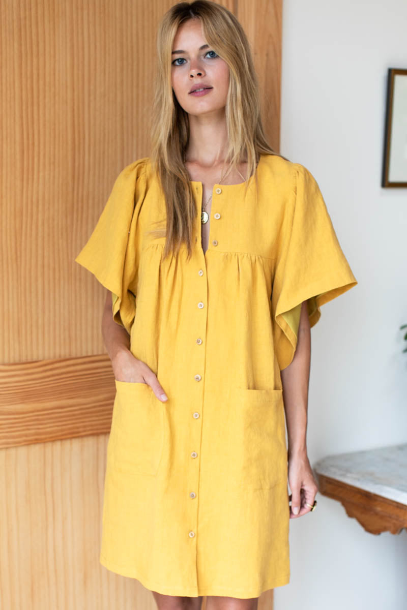 Marion Button Dress - Honey Linen