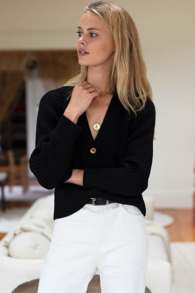 Low V Neck Cardigan Black Organic - Main Image