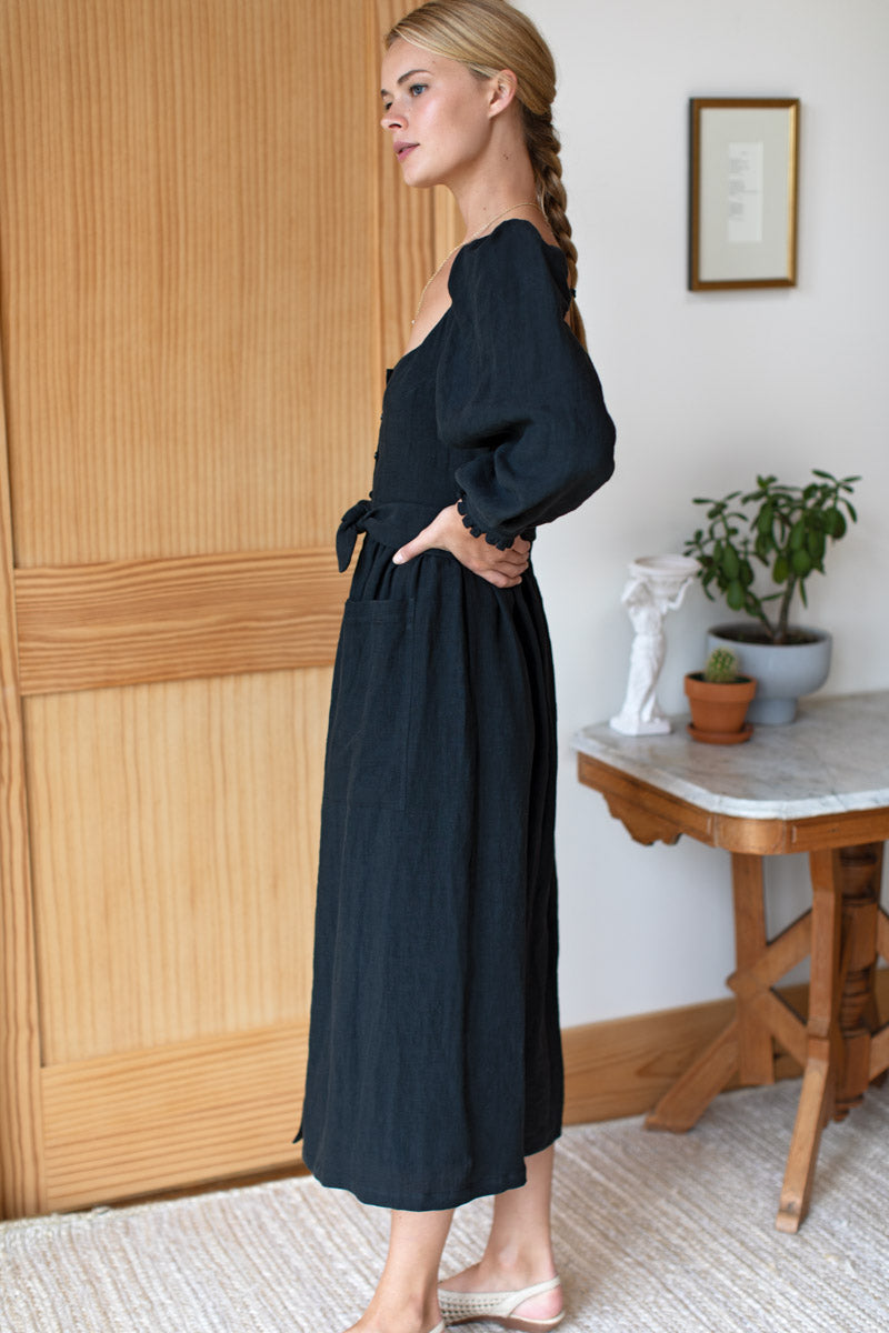 Hazel Dress - Black Linen