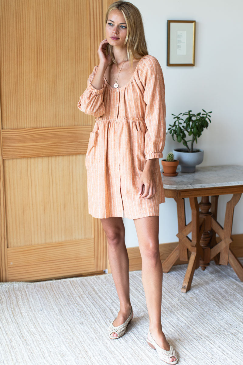 Jasmine Button Dress - Clay Hemp Stripe Organic
