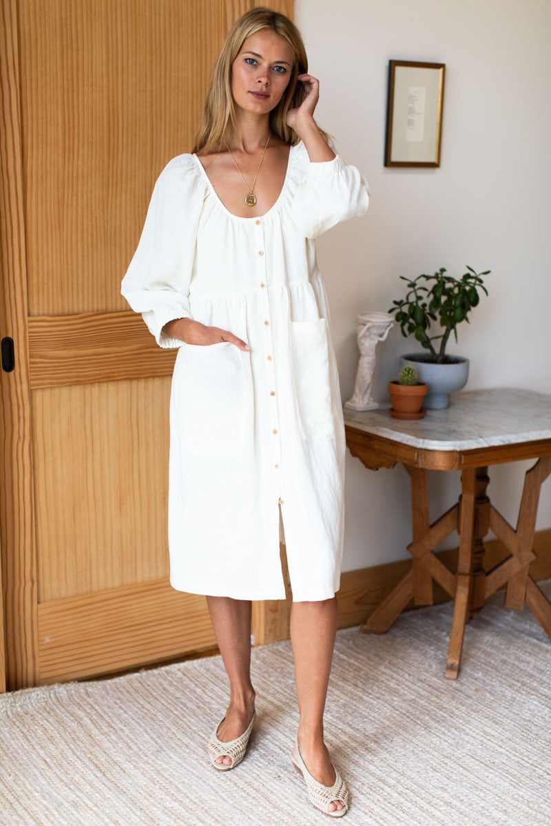 Jasmine Button Midi Dress - Salt Linen