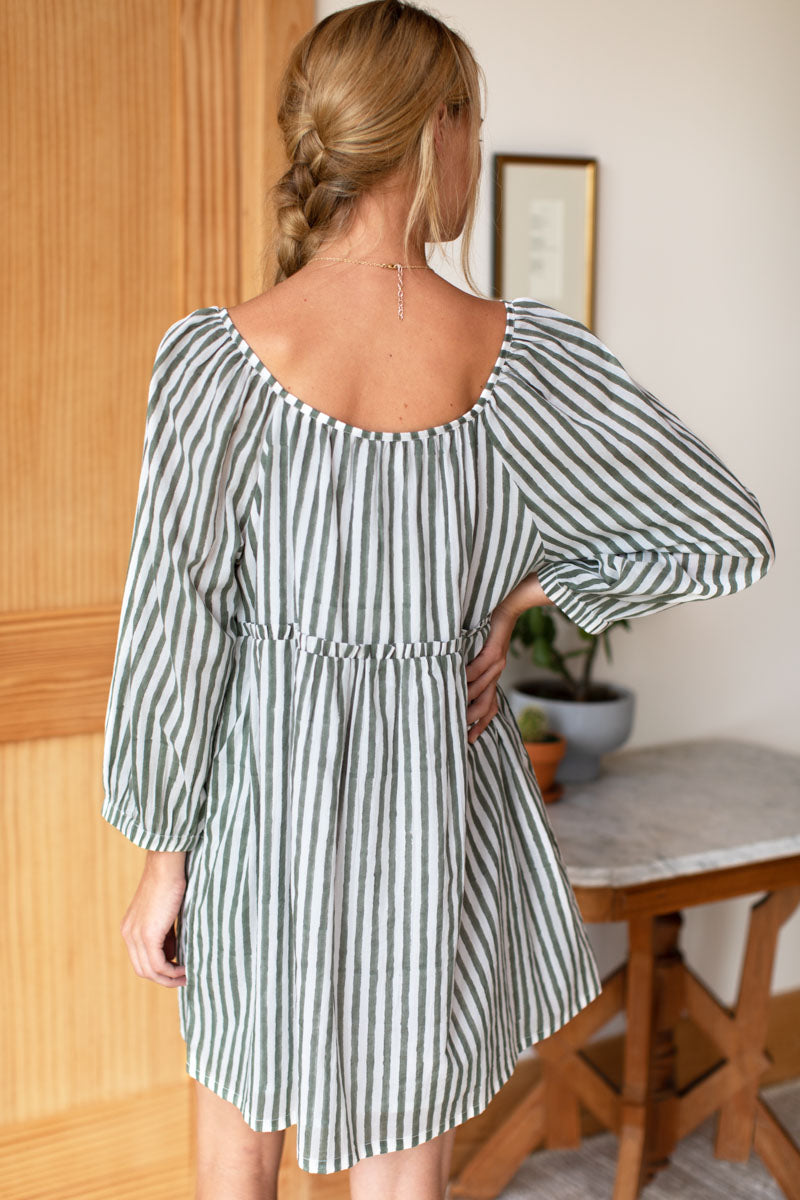Jasmine Short Dress - Moss Stripe Organic