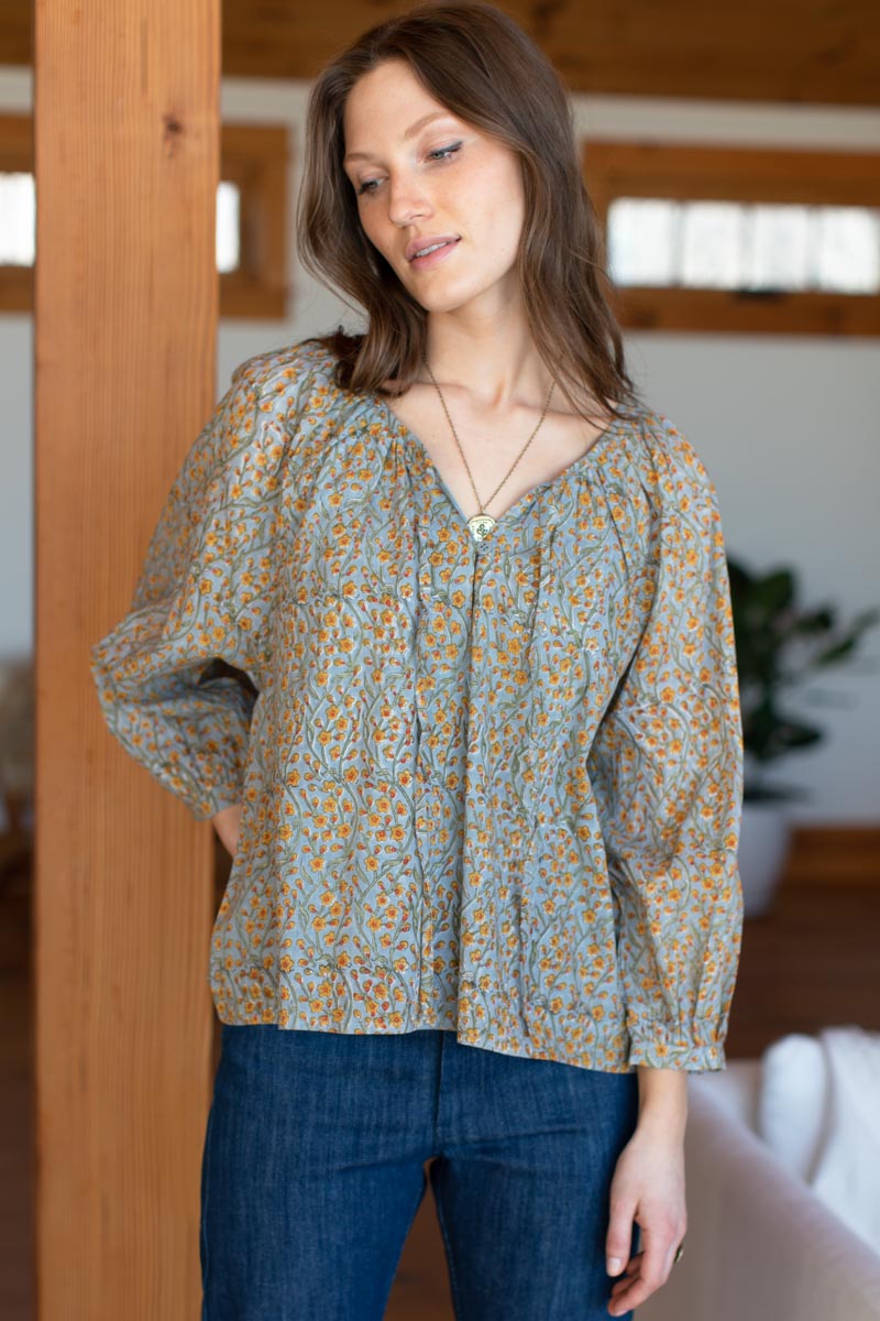 Lucy Blouse - Friendship Flowers Blue Organic
