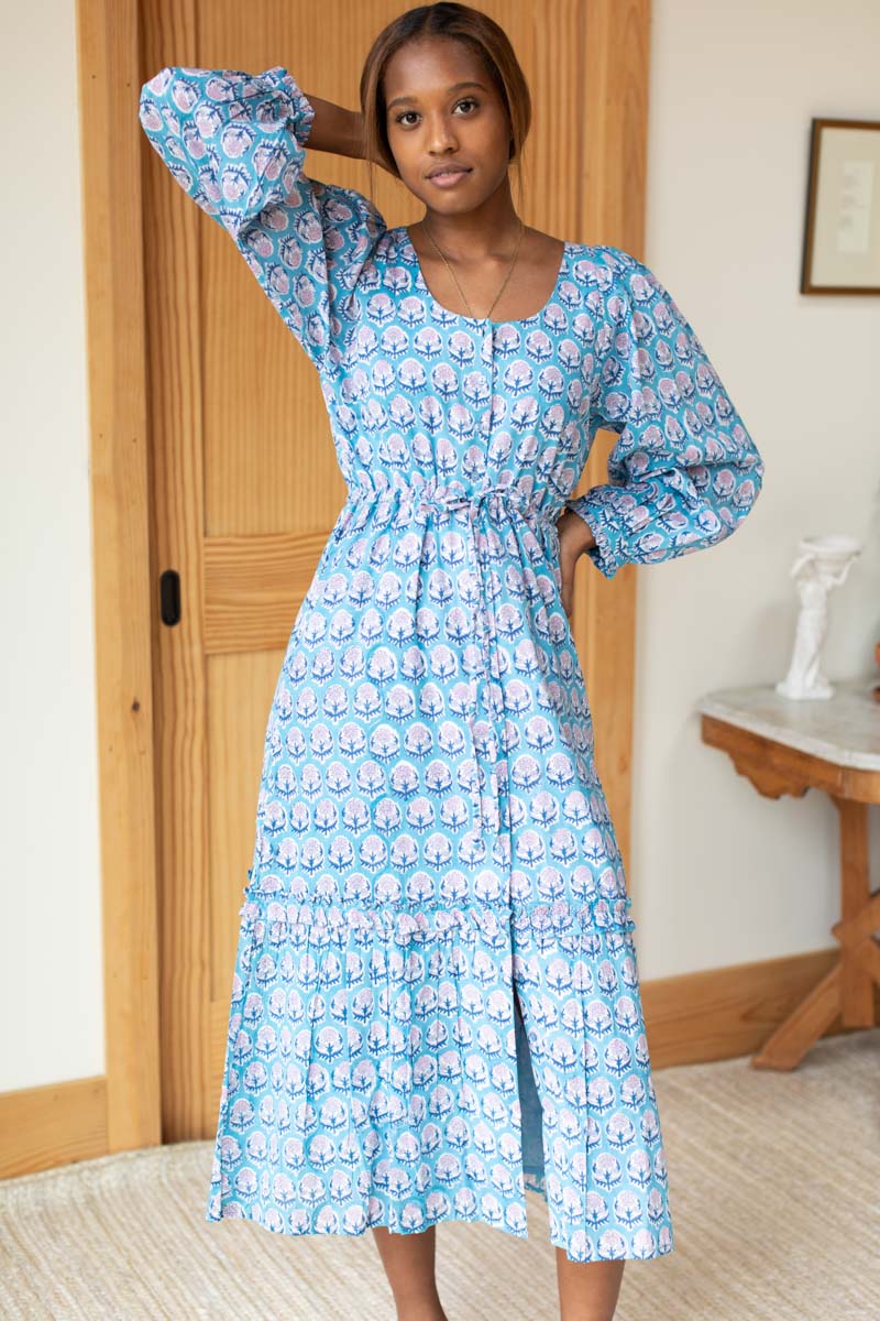 blue full of flowers organic cotton midi dress Blue Full Of Flowers Midi Dress FARM Rio