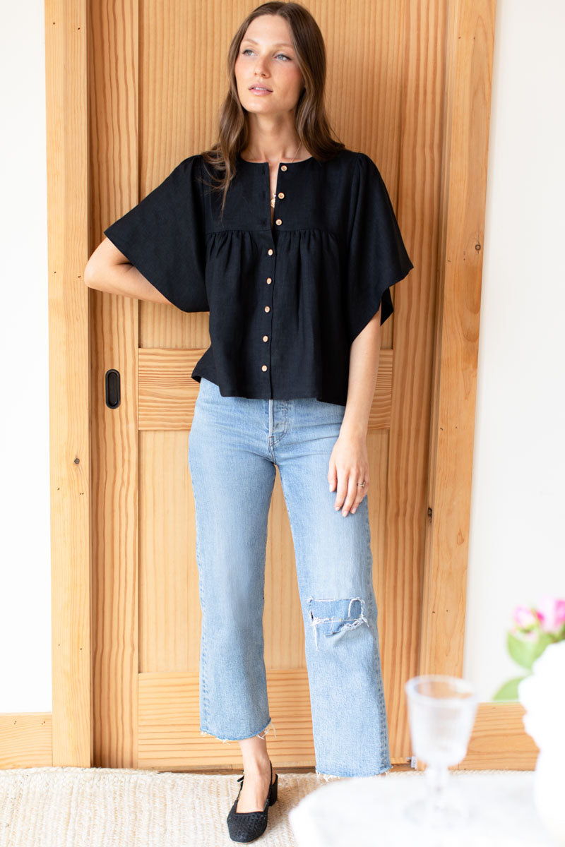 Marion Button Blouse - Black Linen