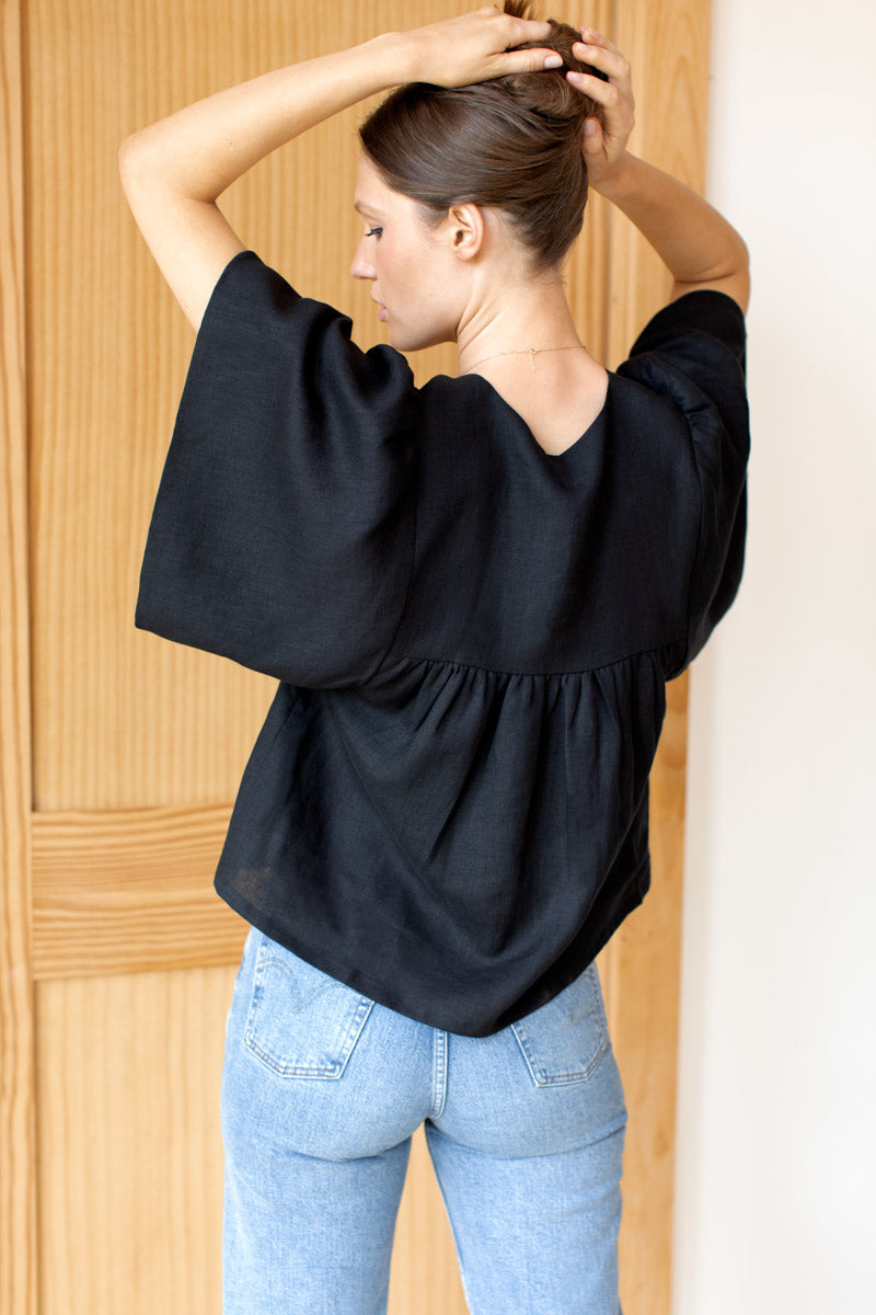 Marion Button Blouse - Black Linen