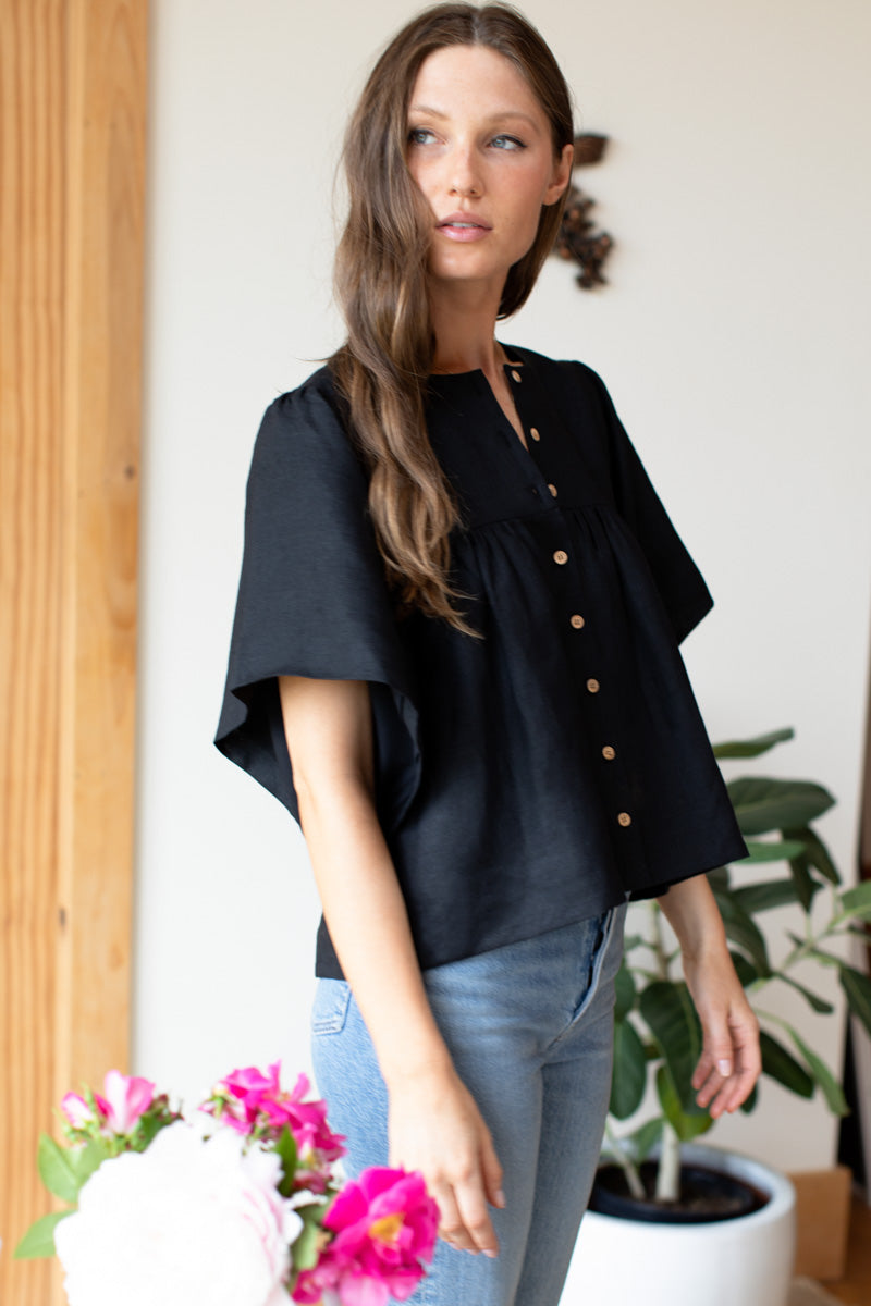 Marion Button Blouse - Black Linen