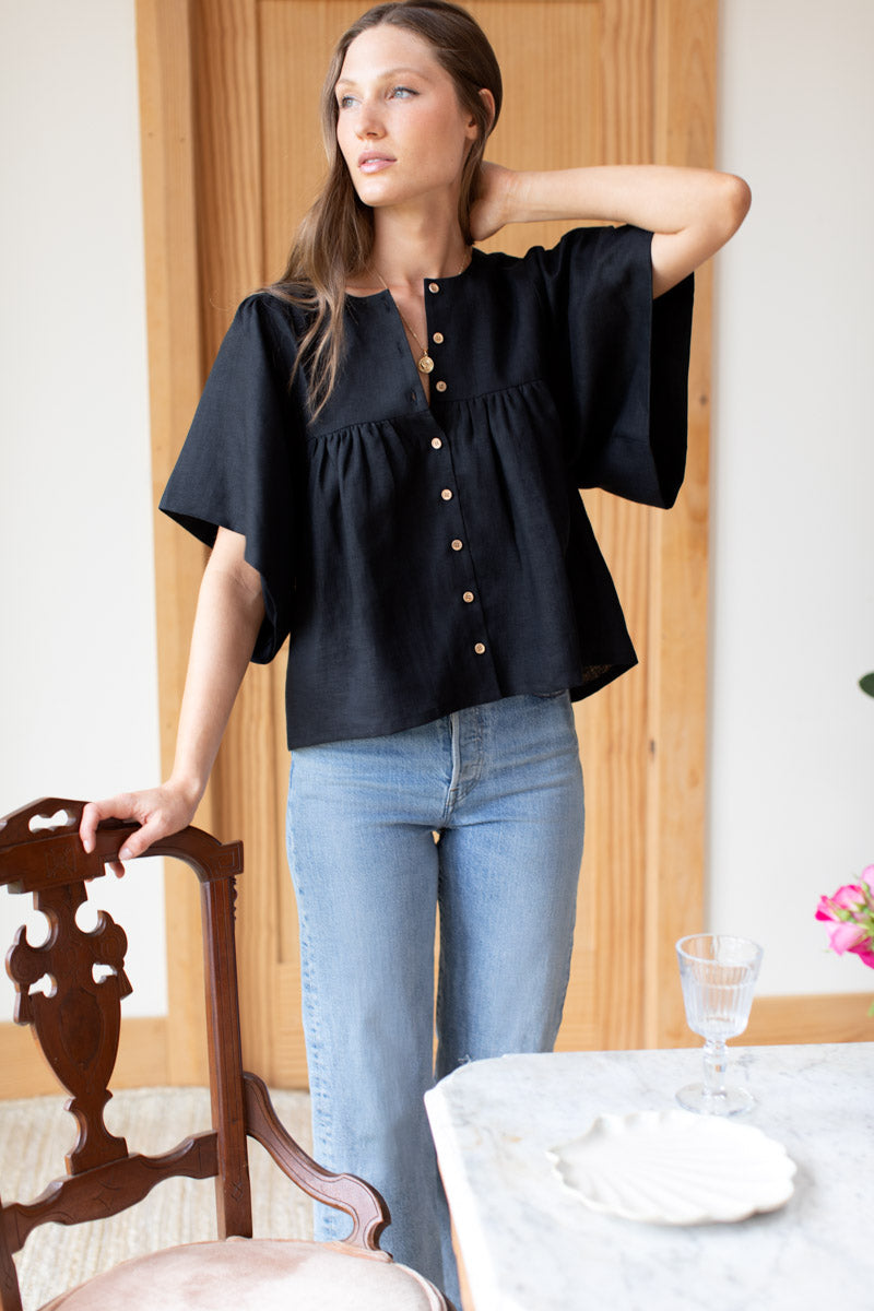 Marion Button Blouse - Black Linen