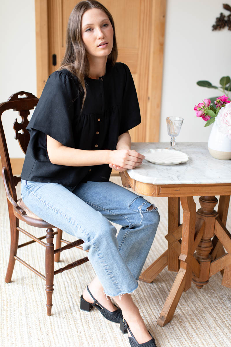 Marion Button Blouse - Black Linen