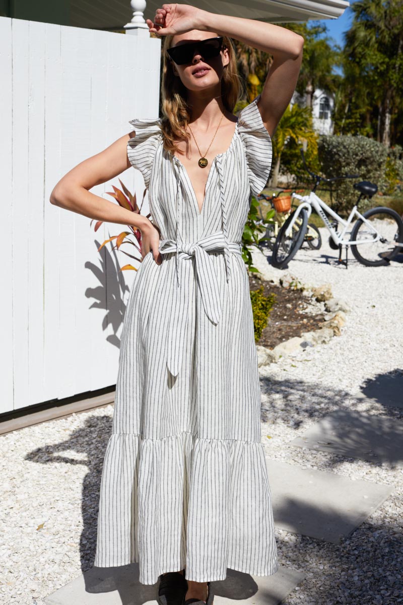 Rakel Sleeveless Dress - Charcoal Stripe Linen