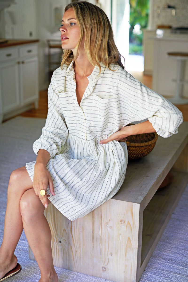 Selma Long Sleeve Dress - Ivory Hemp Stripe Organic