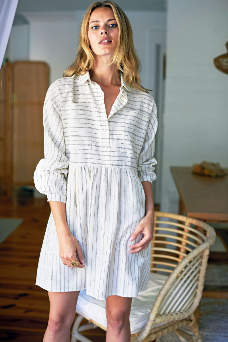 Selma Long Sleeve Dress - Ivory Hemp Stripe Organic