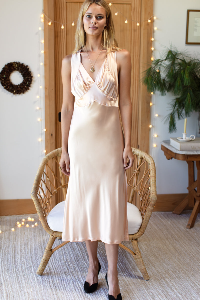 sleeveless silk midi dress Donna Karan New York Women's Sleeveless Boat Neck Midi Dress - Light Gold