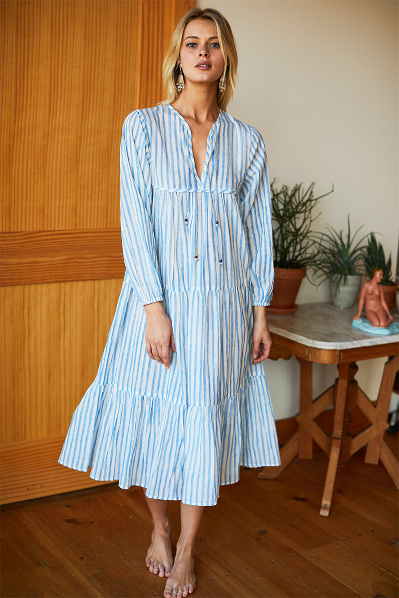 Heirloom Dress - Blue Hand Block Stripe Organic