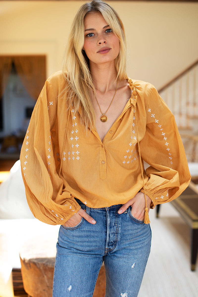 Bardot Top - Honey Embroidered