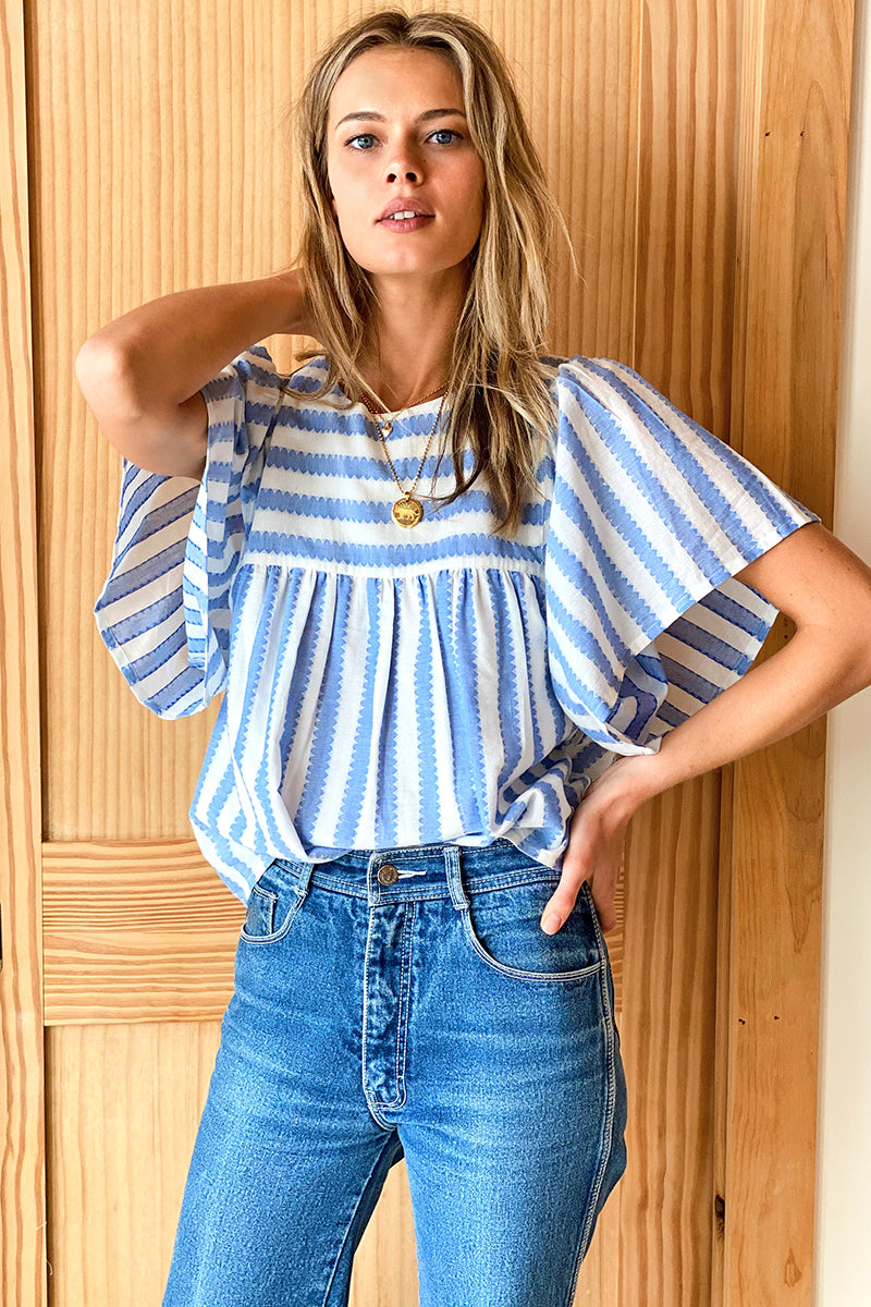 Basalie Top - Scallop Blue Stripe Organic