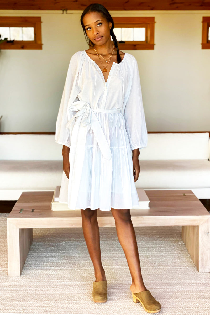 Clemence Button Front Dress - White Dot Stripe Organic
