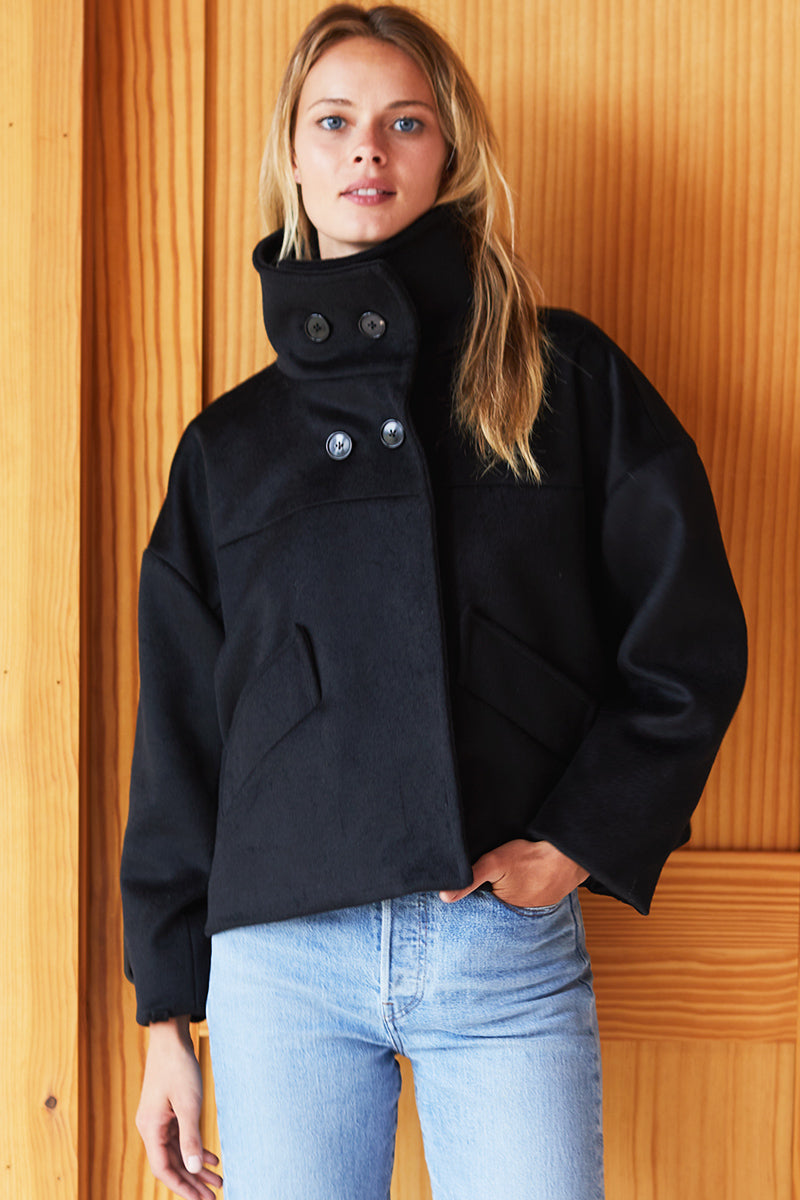 Cozy High Neck Jacket - Black Wool Cashmere