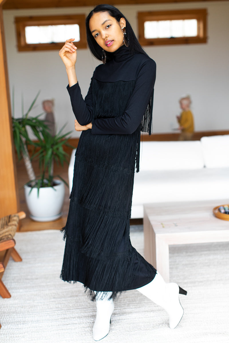 long black fringe dress House of Harlow 1960 Hera Fringe Maxi Dress in Black