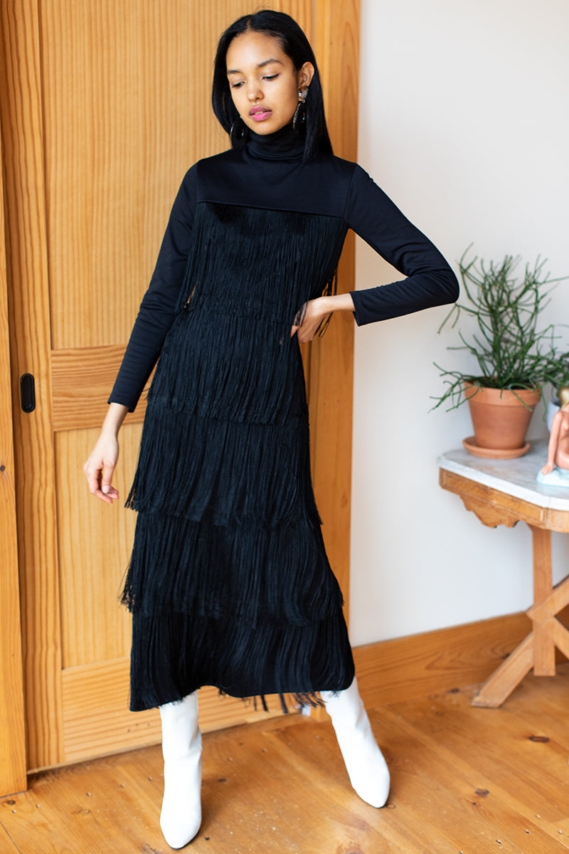 Fringe Midi Dress - Black - Emerson Fry Fringe Midi Dress - Black - Emerson Fry