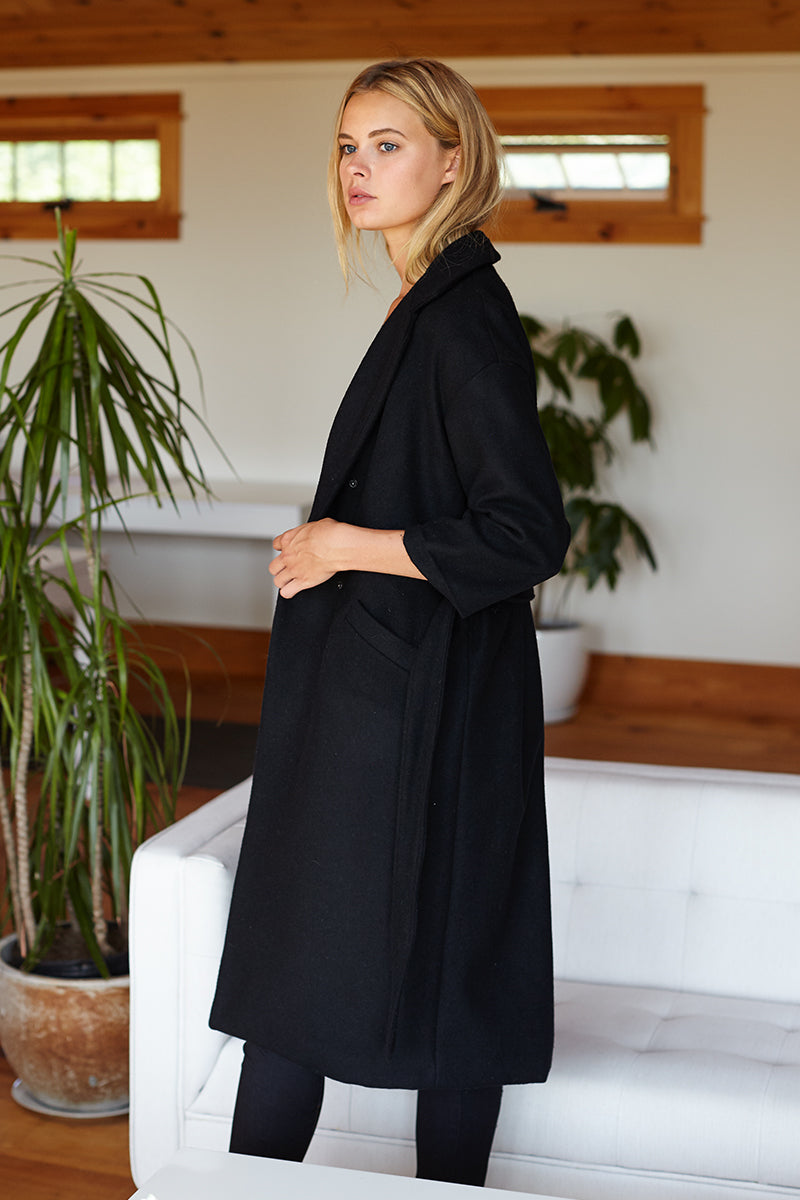 Drop Shoulder Coat - Black Wool