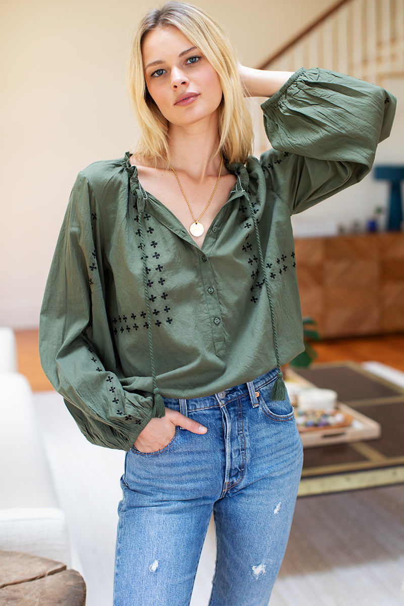 Bardot Top - Moss Embroidered - Emerson Fry