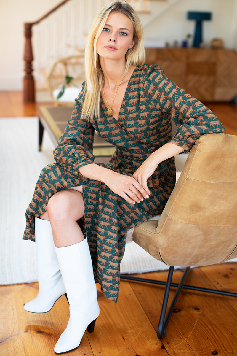 Bishop Sleeve Dress - Dark Green Cheetah Bishop Sleeve Dress - Dark Green Cheetah