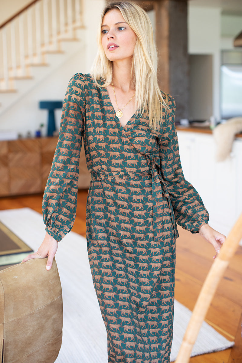 Bishop Sleeve Dress - Dark Green Cheetah Bishop Sleeve Dress - Dark Green Cheetah