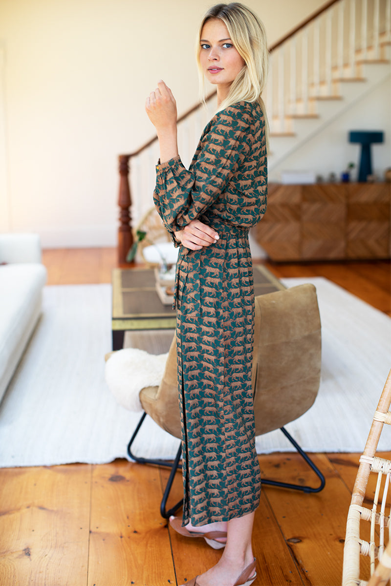 Bishop Sleeve Dress - Dark Green Cheetah Bishop Sleeve Dress - Dark Green Cheetah