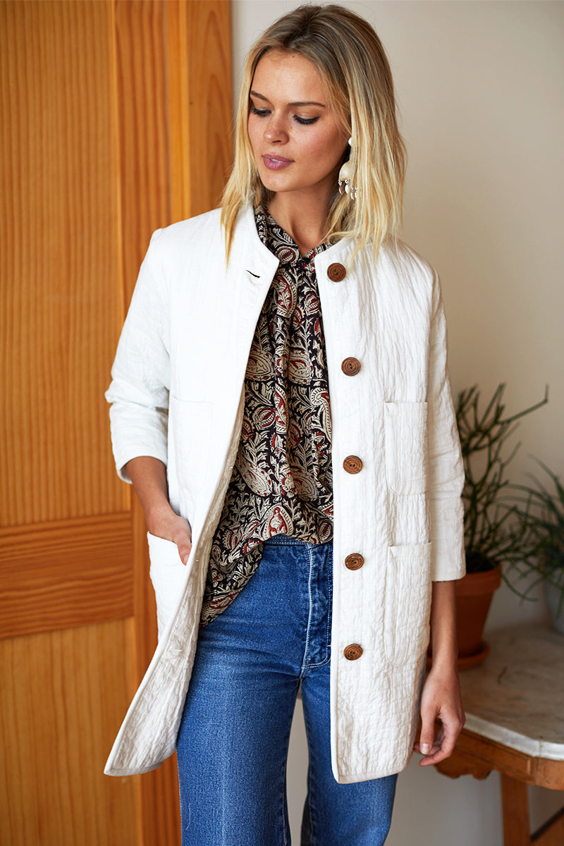 India Quilted Long Jacket - Cloud White Organic