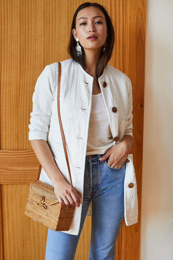 India Quilted Long Jacket Cloud White Organic Emerson Fry