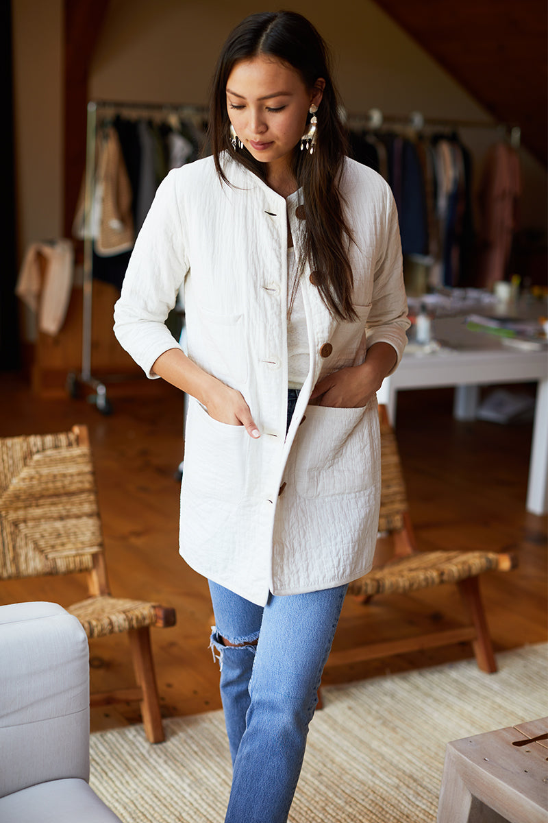India Quilted Long Jacket - Cloud White Organic