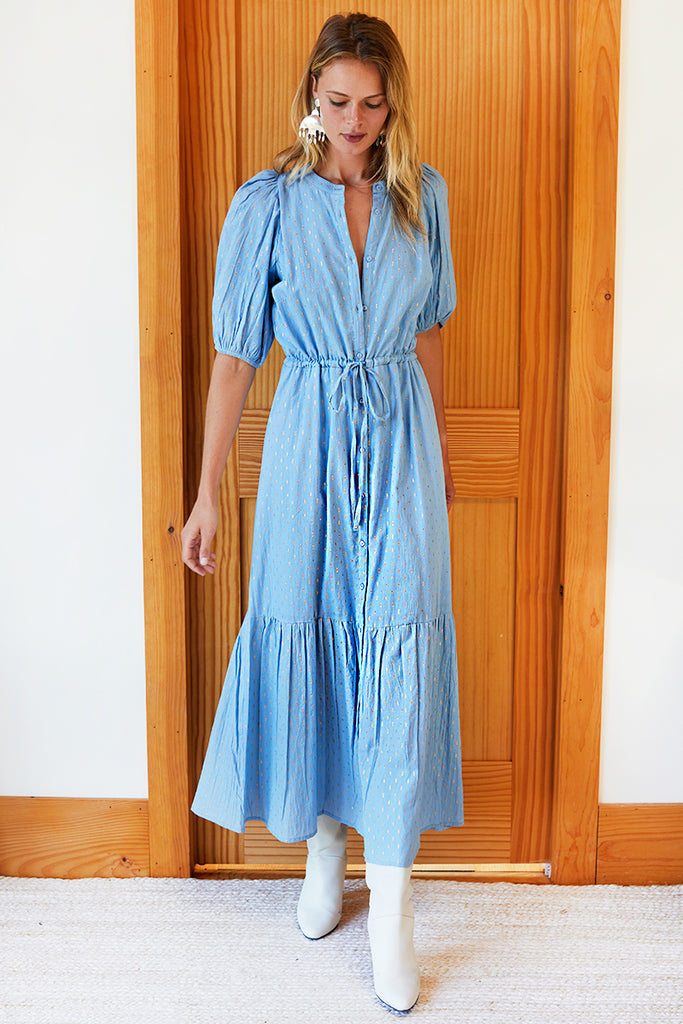 Lucy Dress - Powder Blue Gold Dot Lurex - Emerson Fry