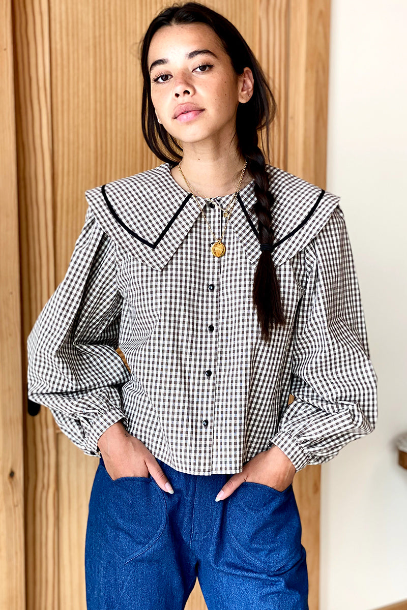 Petra Long Sleeve Blouse - Coffee Gingham