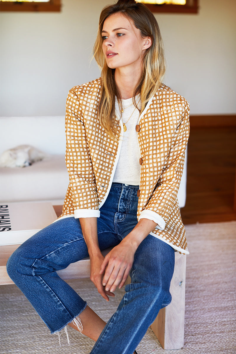 India Quilted Jacket - Ochre Gingham Organic