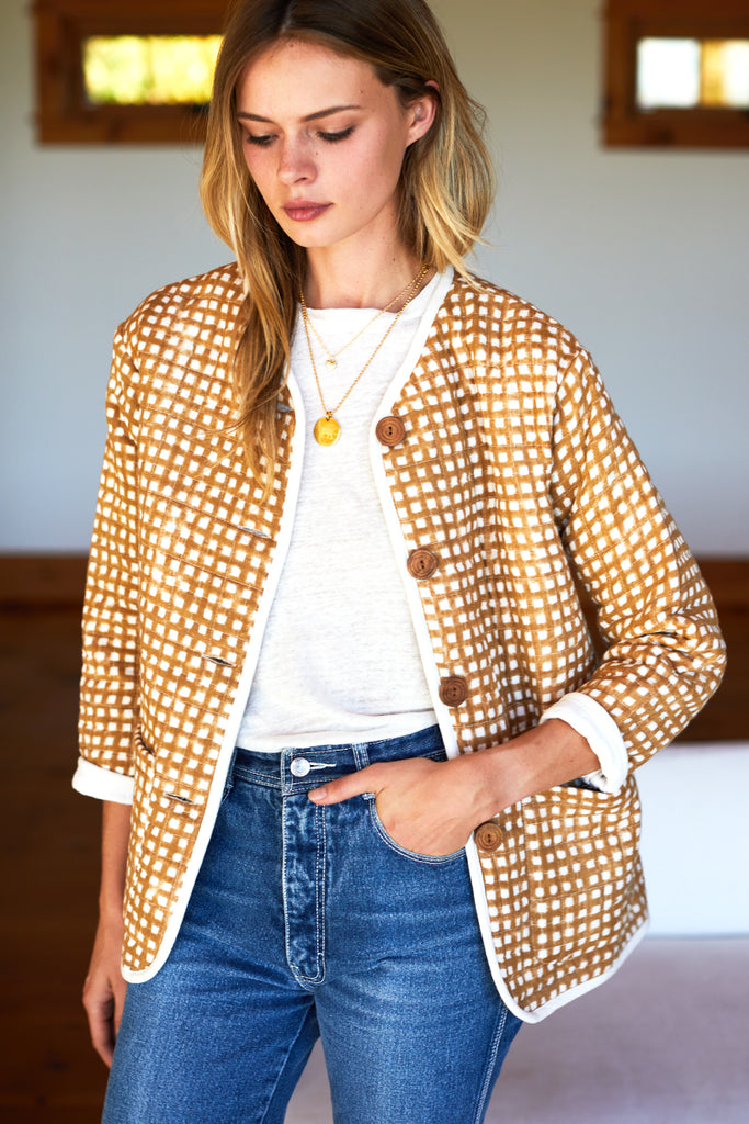 India Quilted Jacket Ochre Gingham Organic Emerson Fry