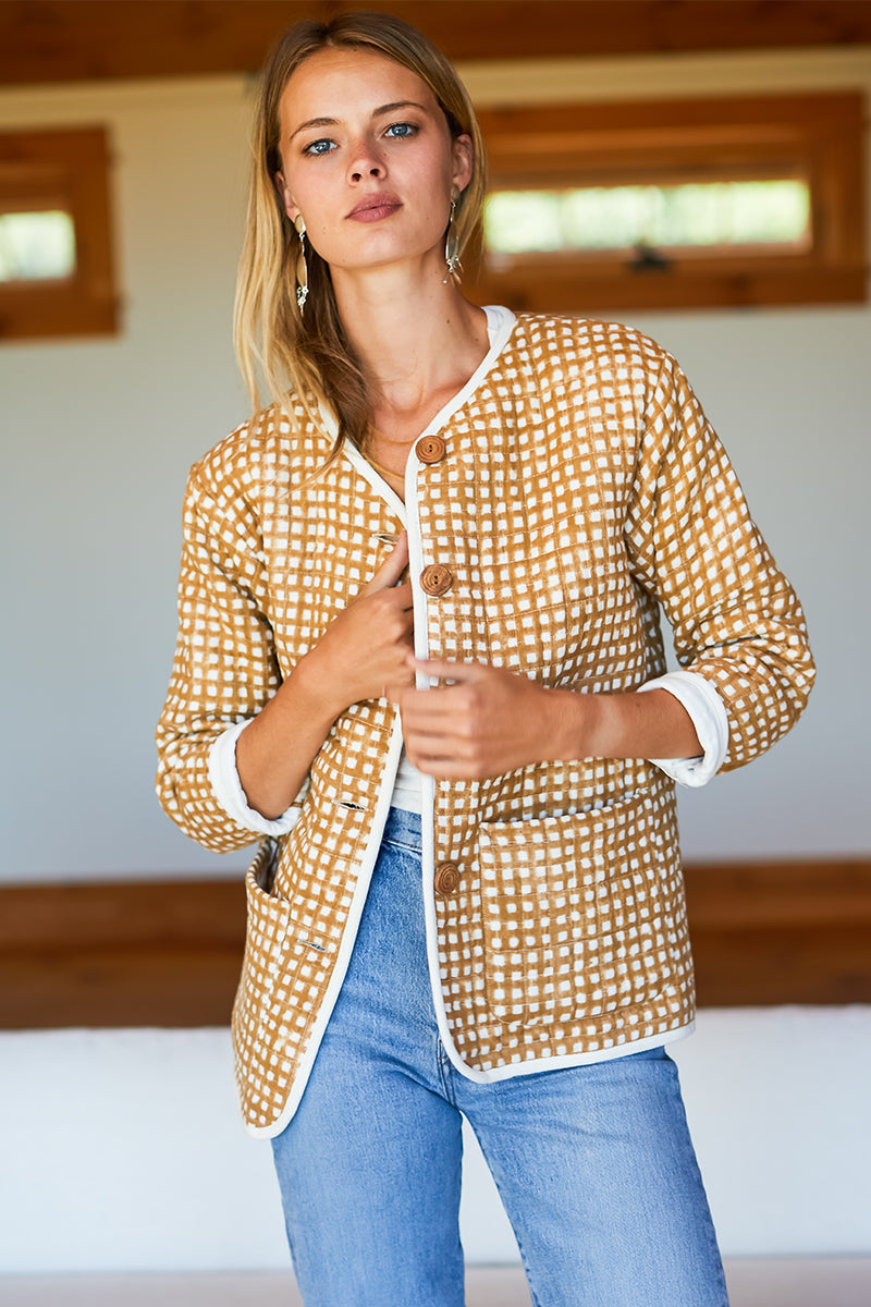India Quilted Jacket - Ochre Gingham Organic