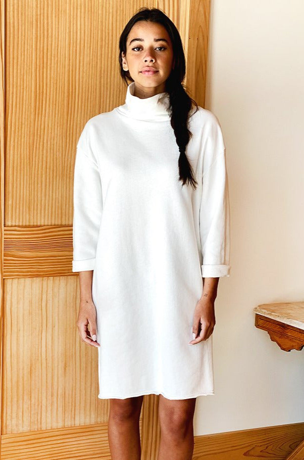 Raw Edge Turtleneck Dress - White Organic