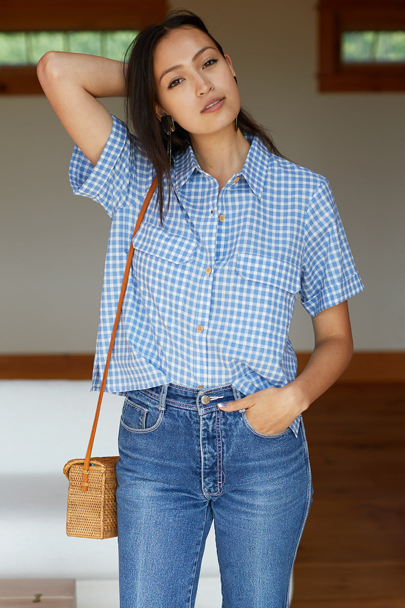 Short Sleeve Utility Shirt - Blue Gingham