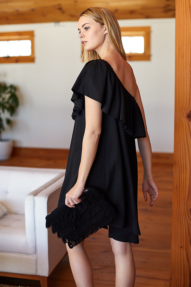 frilly black dress Romance Ruffle Dress, in Black Luxe Satin, Size: XL | Show Me Your Mumu