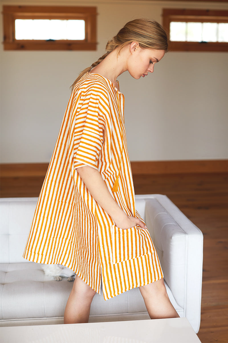 Organic Linen Caftan - Marigold Stripe